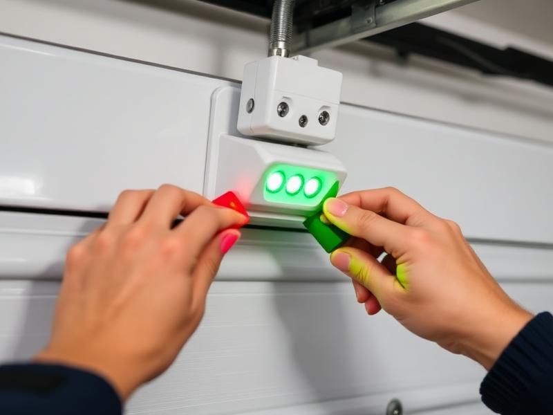 Garage door safety sensors being calibrated and aligned by professional technician