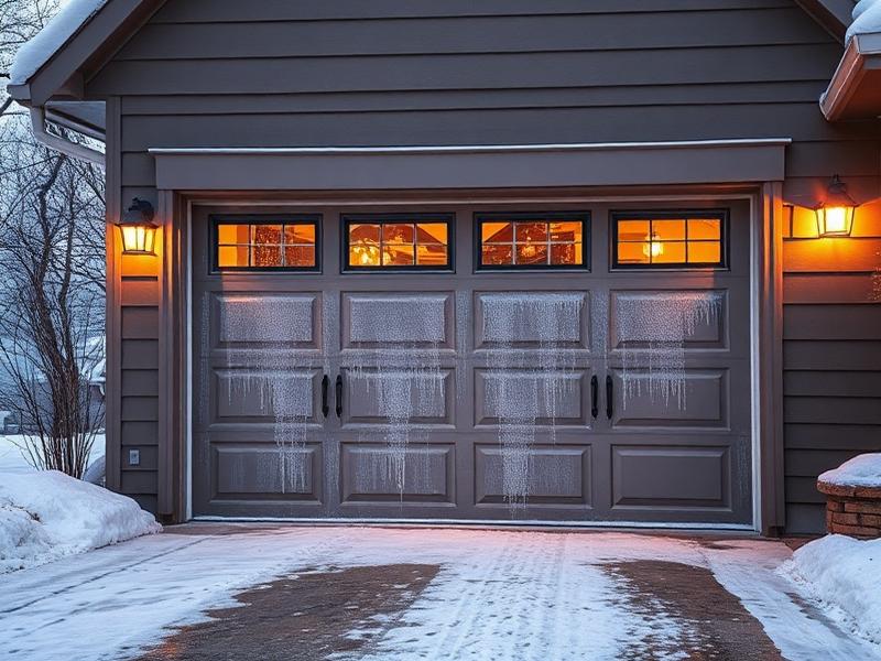 Frost-covered garage door on a winter morning showing importance of winter preparation